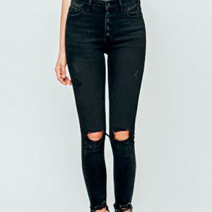 High Rise Button Fly Distressed Crop Skinny